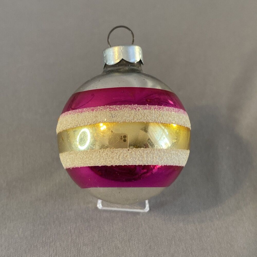 Vintage Glass Ball Christmas Ornament Striped Pink Gold Mica Silver